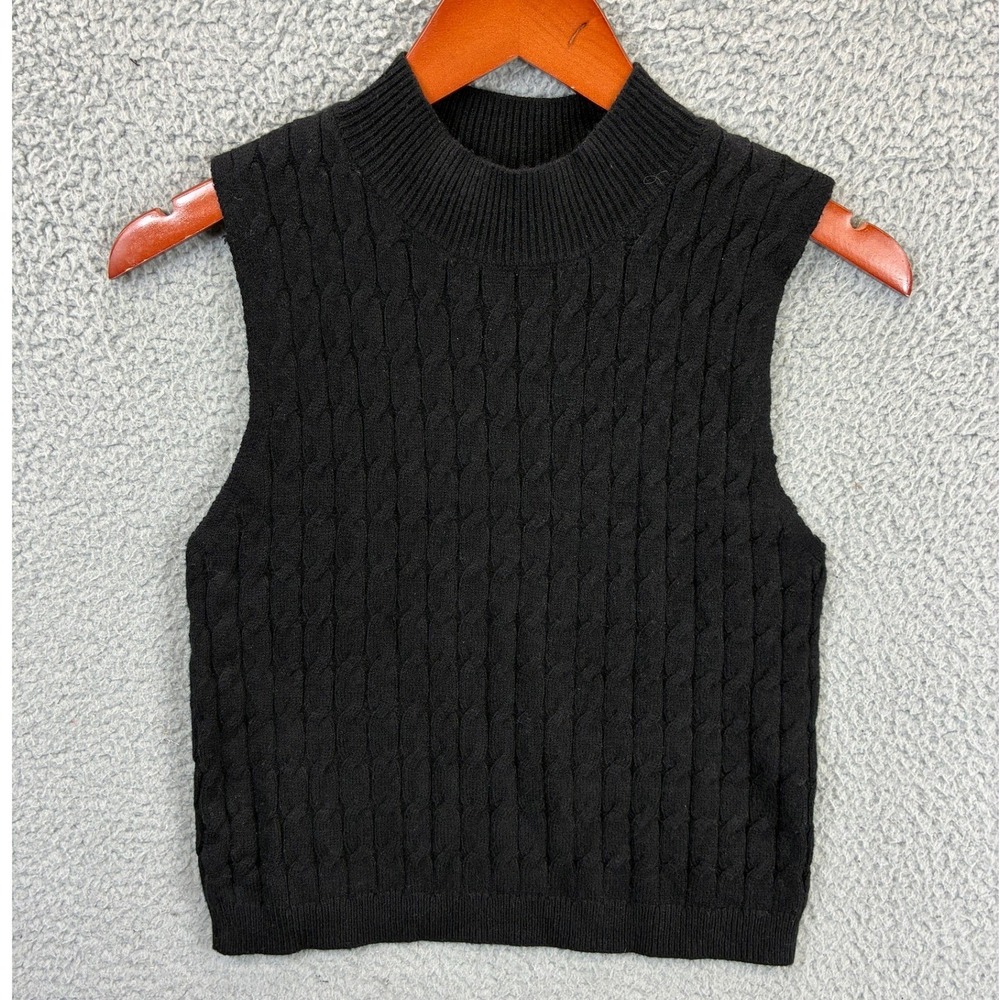 Blue Rain Francesca's Cable Knit Sweater Vest Womens M Black Mock Neck Preppy